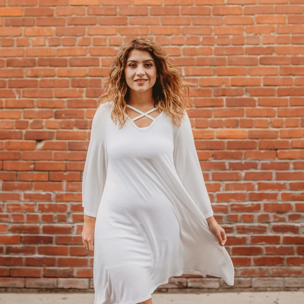 Ivory Tunic Dress with Criss Cross Neck Detail